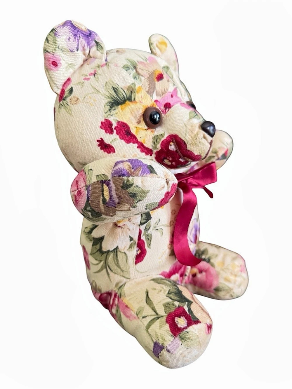Vintage Floral Bear Plush Teddy 1989 Fabric Milaca Mills Flowers Tail Y2K 90s - Picture 3 of 7